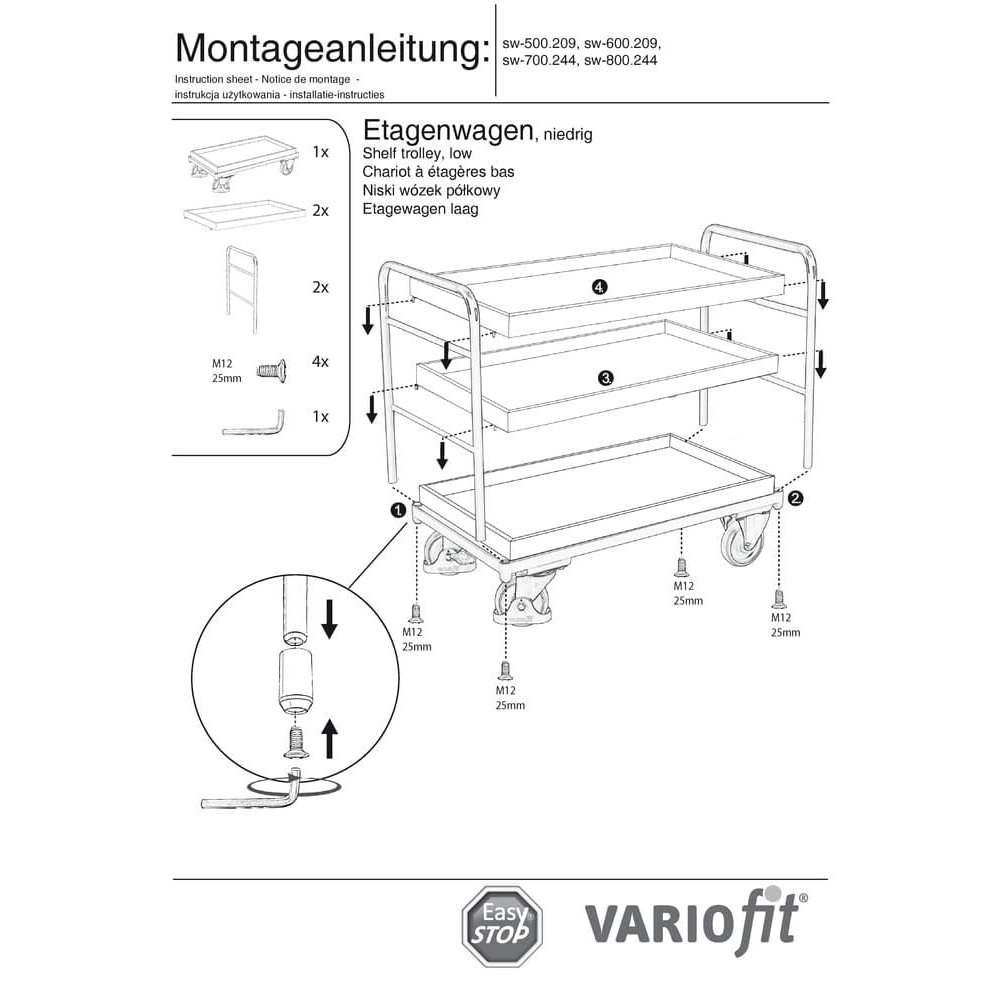 Etagenwagen mit 3 Tabletts 250 kg Typ S + EasySTOP-0