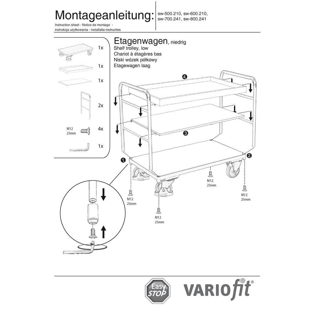 Etagenwagen mit 1 Tablett und 2 Böden 250 kg Typ S + EasySTOP-1