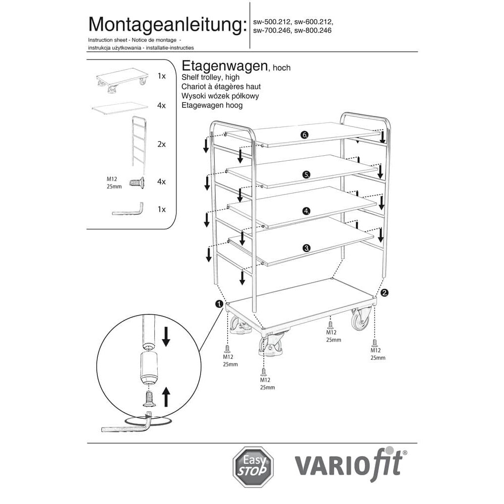 Etagenwagen hoch mit 5 Böden 250 kg Traglast Typ S + EasySTOP-0