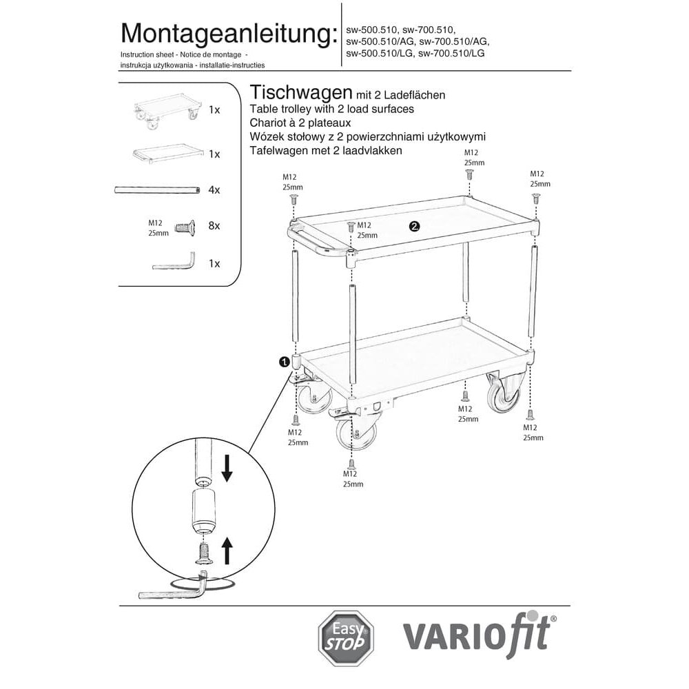Tischwagen mit 2 Etagen, Wannenrand 40 mm hoch + EasySTOP-1