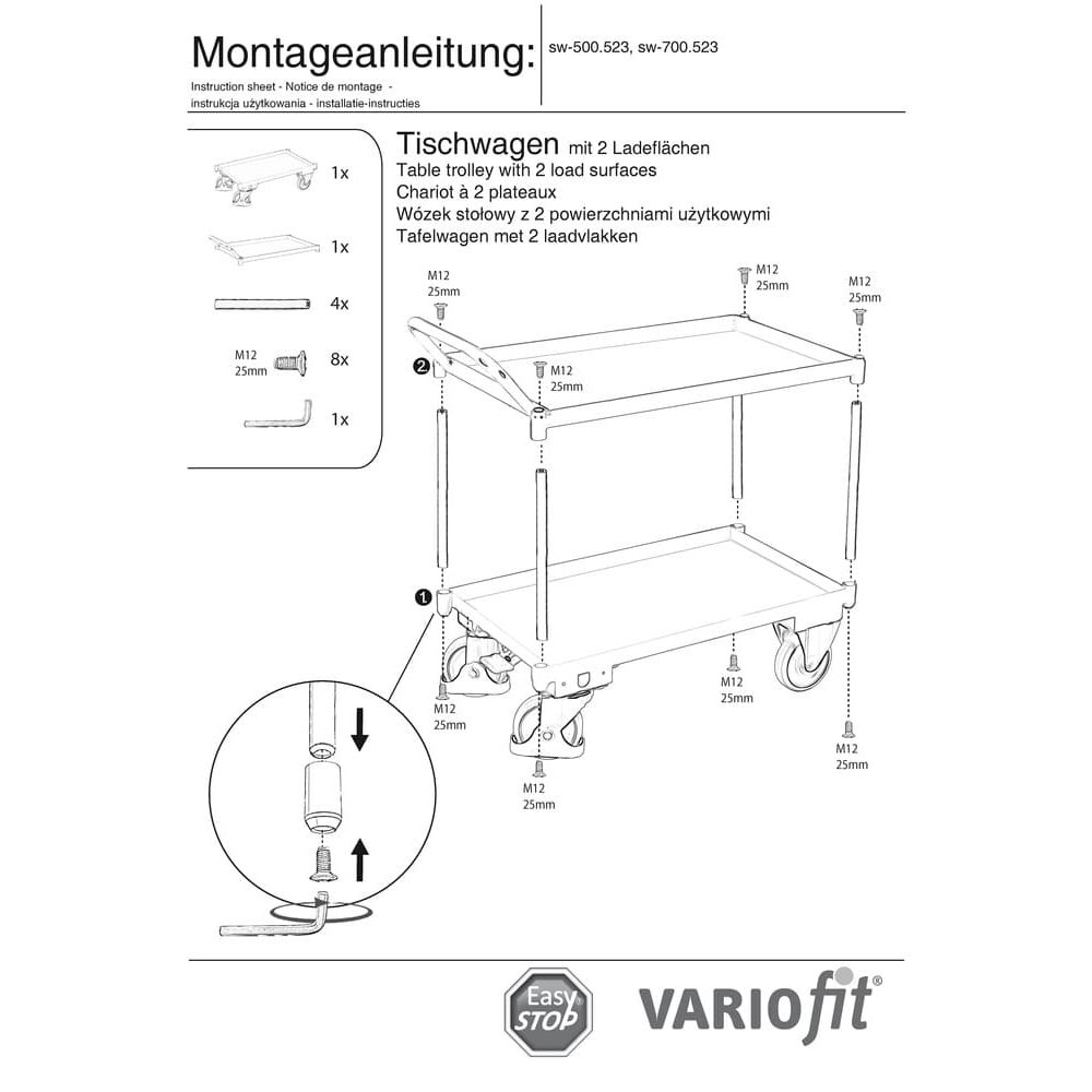 Tischwagen mit 2 Etagen, Wannenrand 40 mm hoch, hoher Schiebebügel + EasySTOP-0