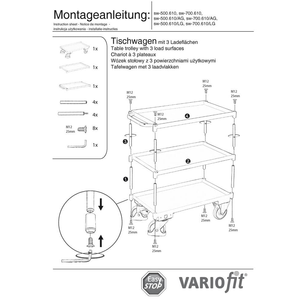 Tischwagen mit 3 Etagen, Wannenrand 40 mm hoch + EasySTOP-1