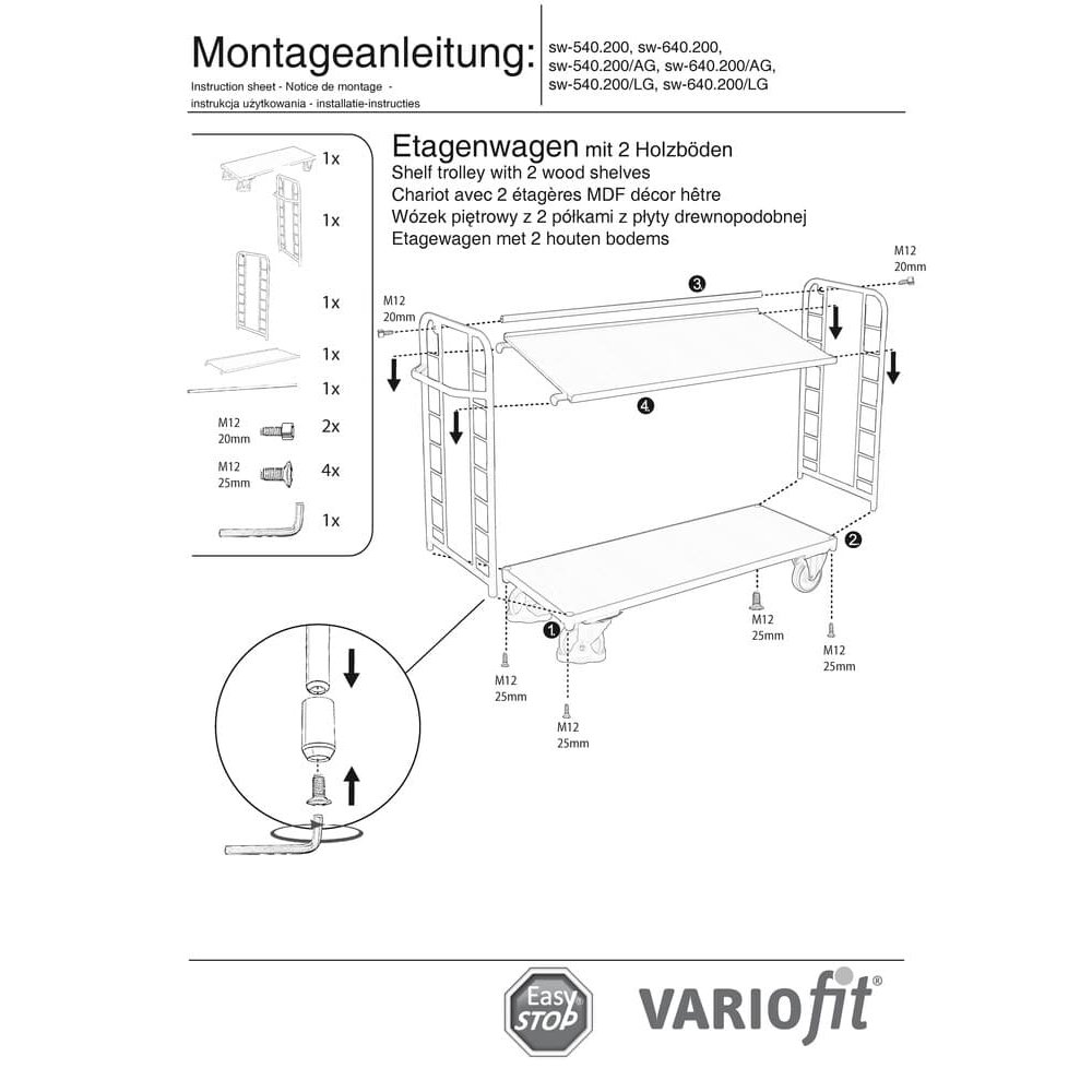Etagenwagen mit 2 Böden 400 kg Traglast Typ L + EasySTOP-0