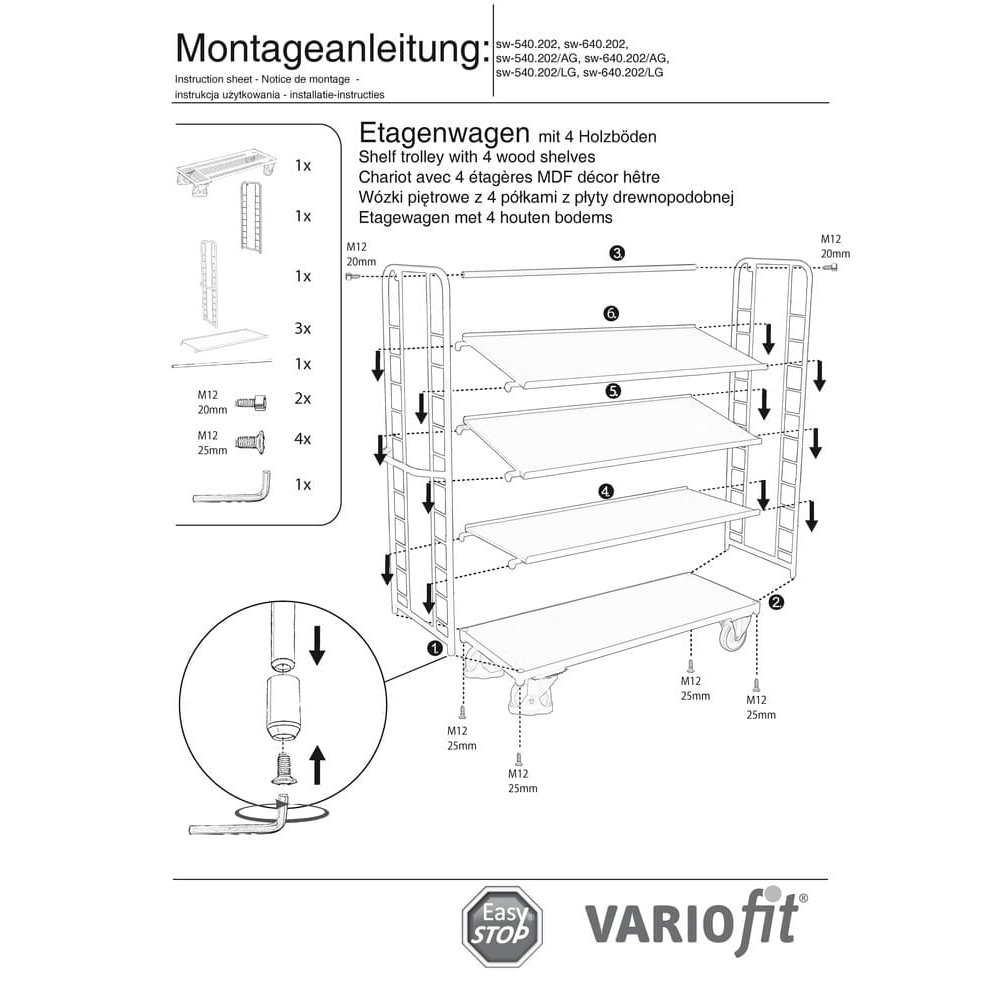 Etagenwagen mit 4 Böden 400 kg Traglast Typ L + EasySTOP-0