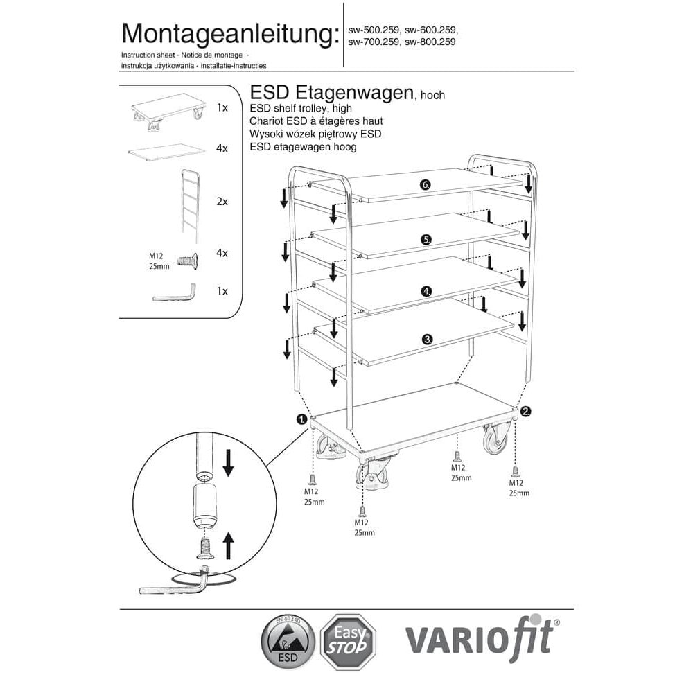 Hoher ESD Etagenwagen mit 5 Böden Typ L + EasySTOP-0