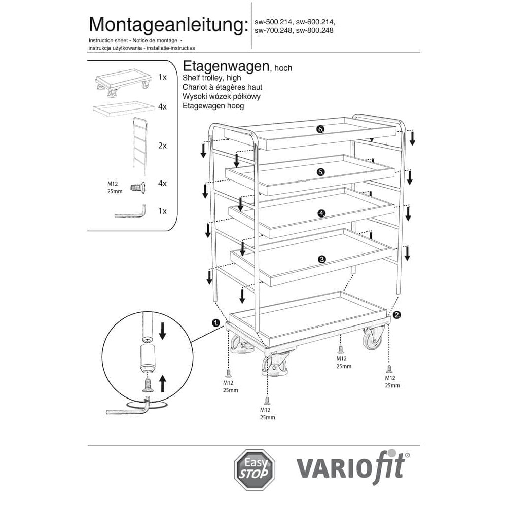 Etagenwagen hoch 5 Tabletts 250 kg Traglast Typ XL + EasySTOP-1