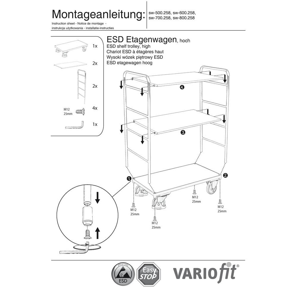 Hoher ESD Etagenwagen mit 3 Böden Typ XL + EasySTOP-0