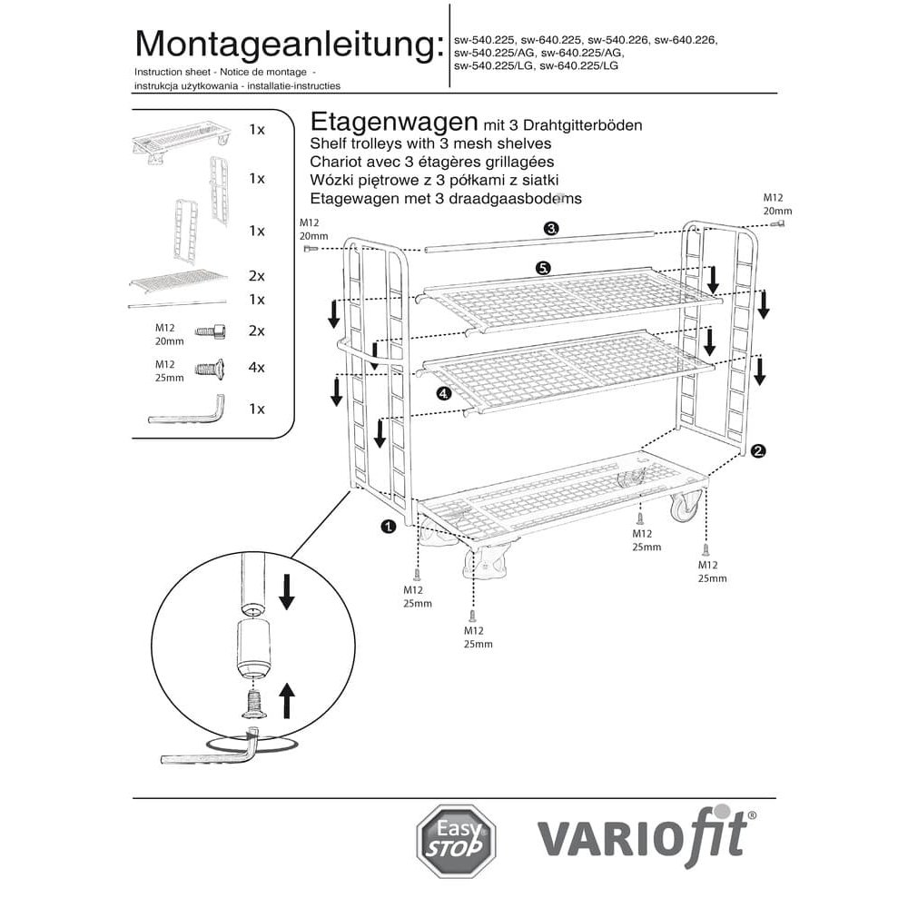 Etagenwagen mit 3 Drahtgitterböden verzinkt 250 kg Traglast Typ M + EasySTOP-0