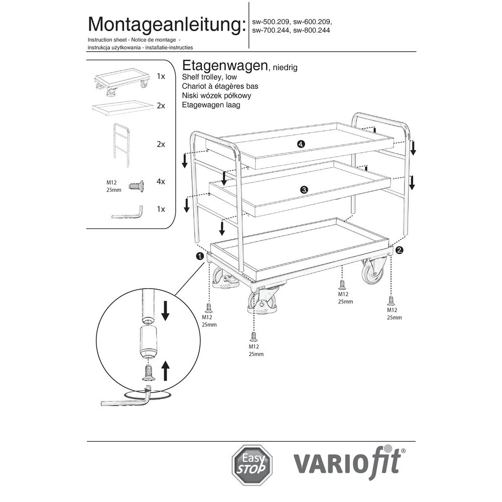 Etagenwagen mit 3 Tabletts 250 kg Typ M + EasySTOP-1