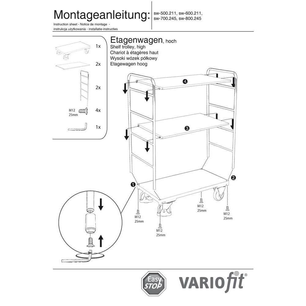 Etagenwagen hoch mit 3 Böden 250 kg Typ M + EasySTOP-1