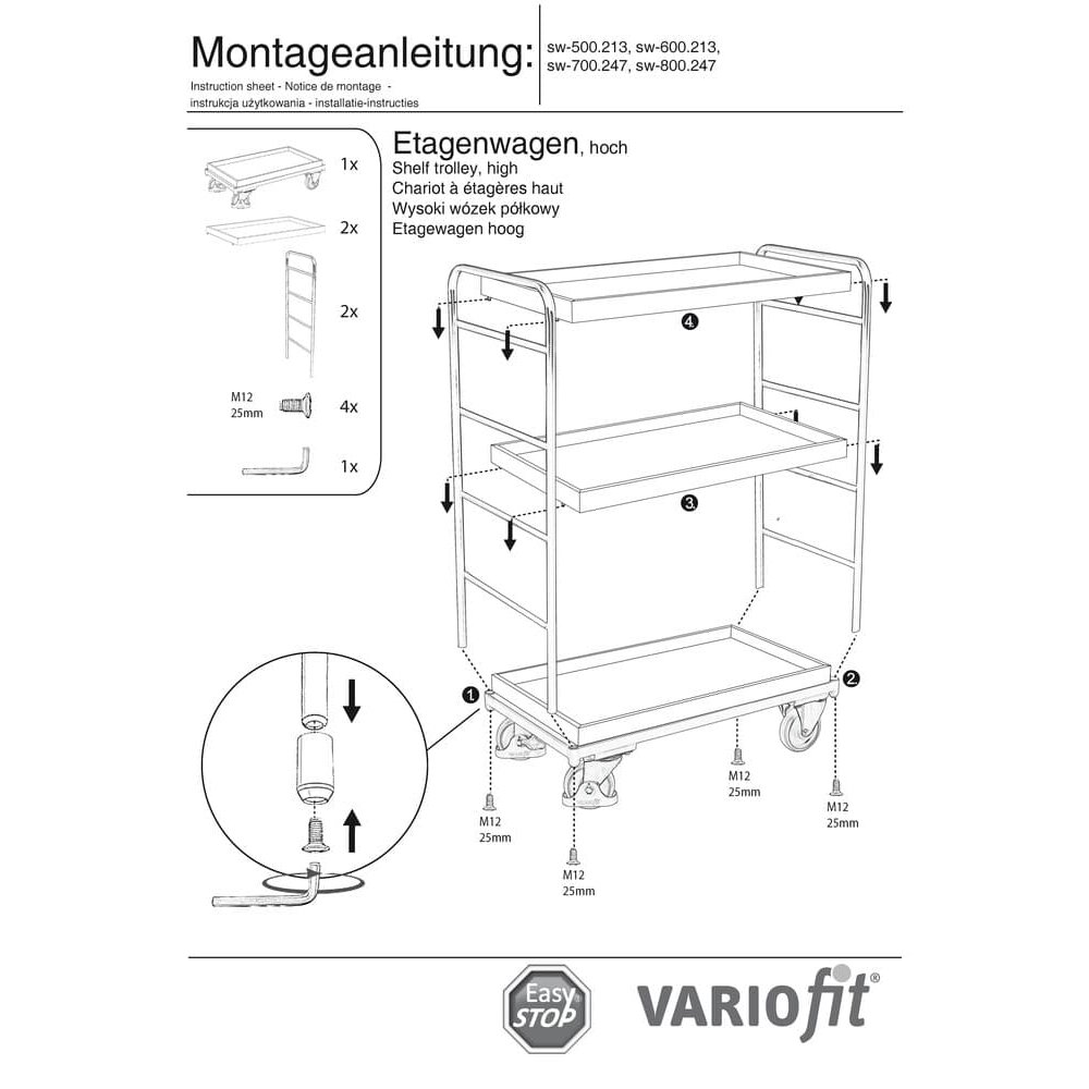 Etagenwagen hoch mit 3 Tabletts 250 kg Traglast Typ M + EasySTOP-1
