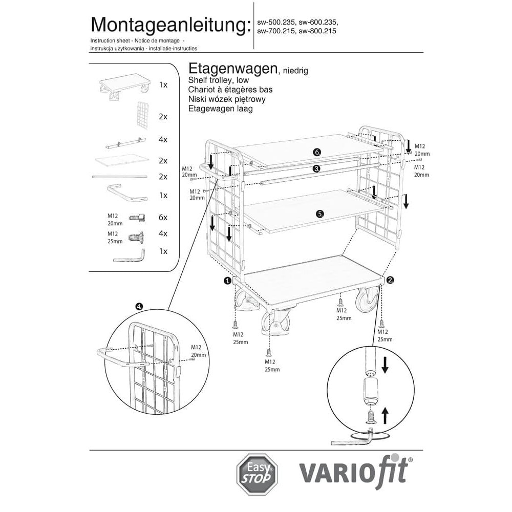 Paketwagen mit 2 Gitterwänden + 3 Böden 500 kg Traglast Typ M + EasySTOP-0