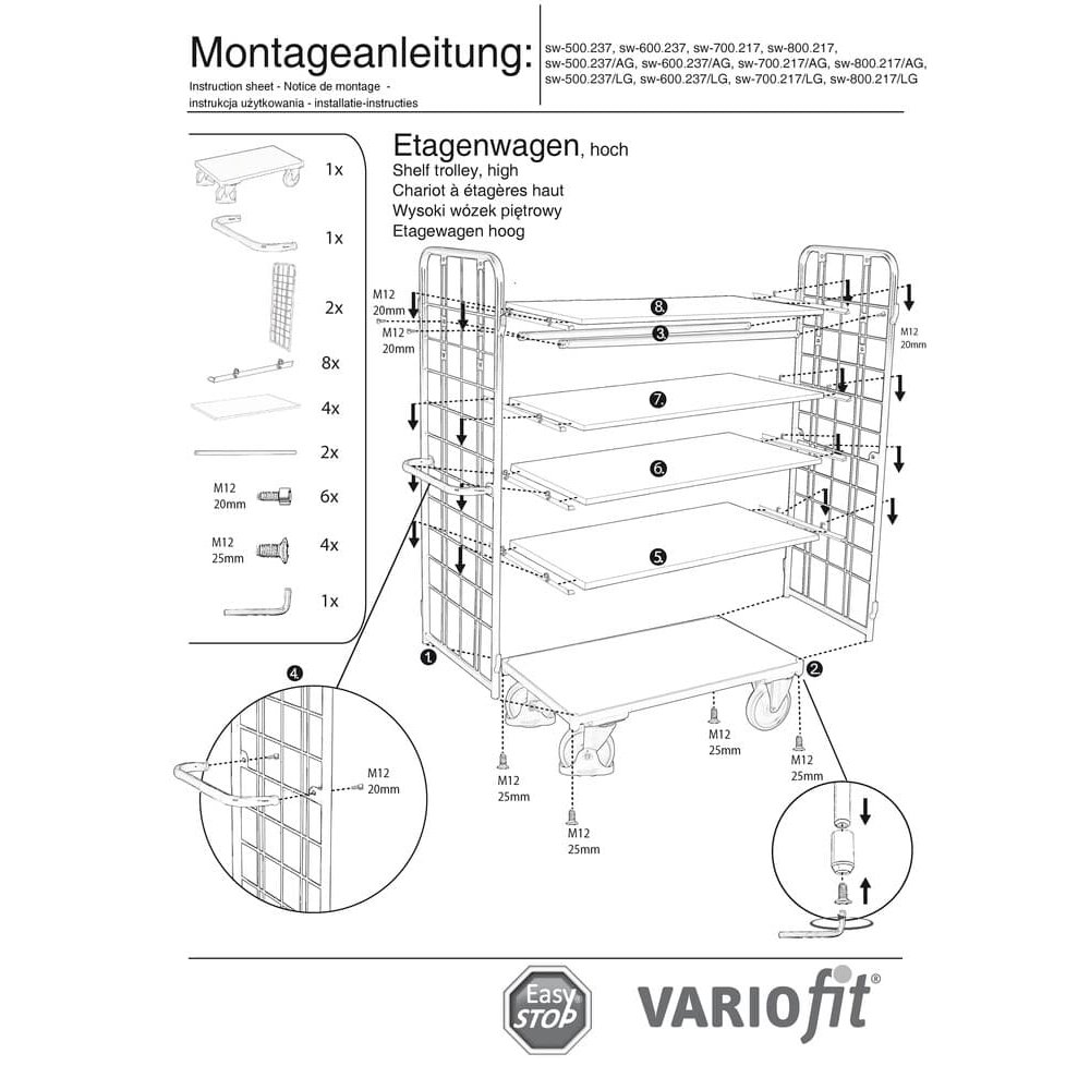 Paketwagen hoch mit 2 Gitterwänden + 5 Böden 500 kg Traglast Typ M + EasySTOP-0