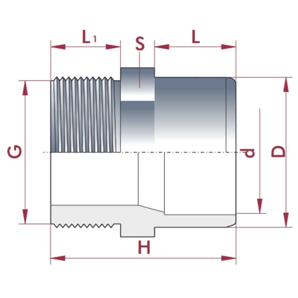 PVC - U Übergang Muffe x AG 25-20mm x 1/2" PN10-0