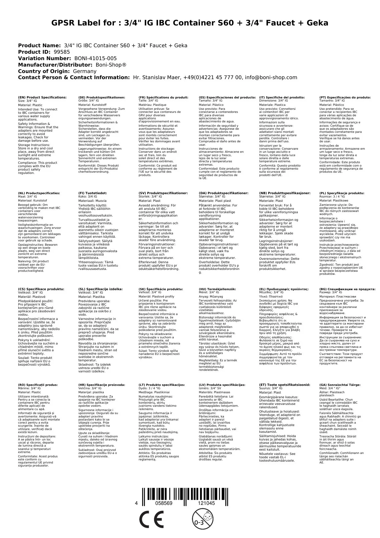 3/4" IG IBC Container S60 + 3/4" Wasserhahn + Geka-2