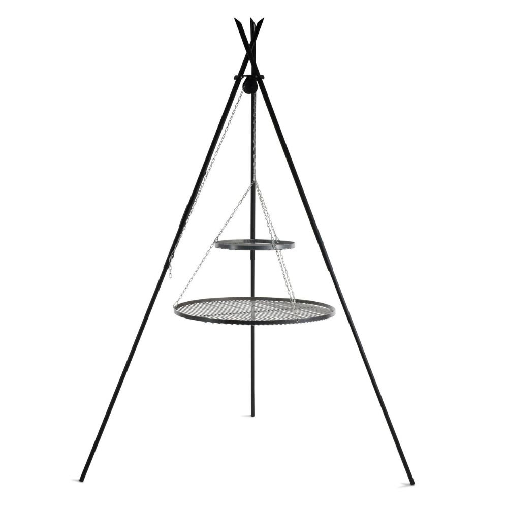 Schwenkgrill Dreibein, Gartengrill mit Doppelrost, Naturstahl, 210cm