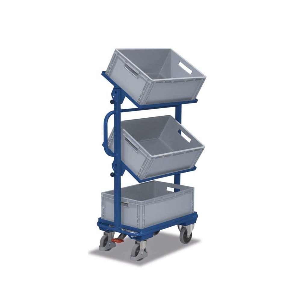 Werkstattwagen, Beistellwagen offen, 3 Kunststoffkästen, neigbar, EasySTOP, 200 kg Traglast