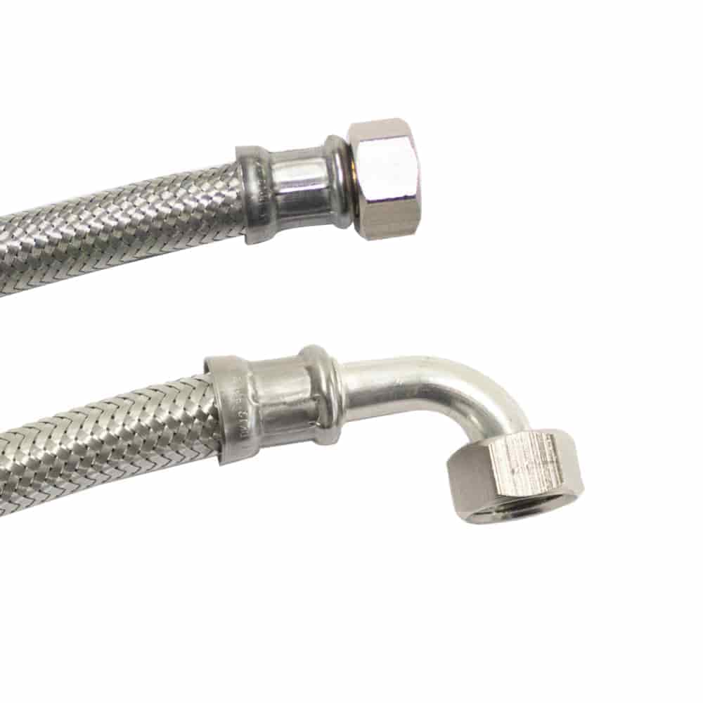 DN13 DVGW Panzerschlauch m. Edelstahlumflechtung 1/2″ ÜM x 1/2″ ÜM Bogen 1500 mm