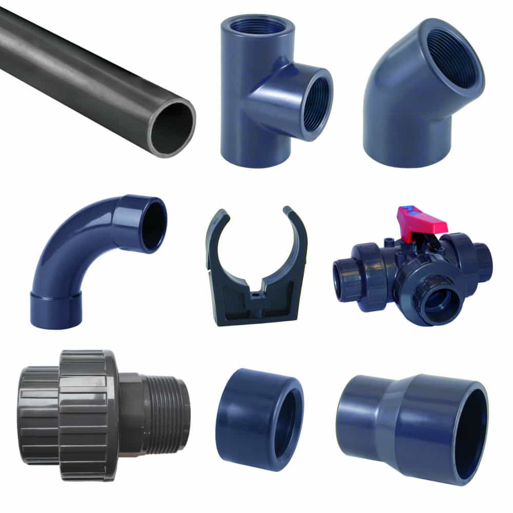 PVC Fittings + Verschraubungen in verschiedenen Größen + Formen