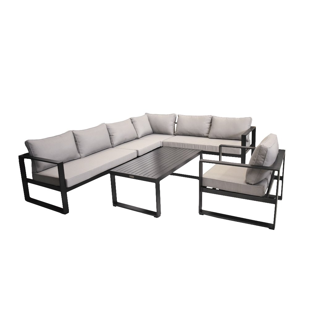 Lounge Set, Gartenlounge, 6-teilig, Alurahmen Anthrazit, hellgraue Polster