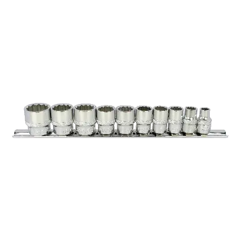 Stecknuss Set, 3/8 Zoll Industrie, SW 8-22, 12-Kant, Cr-V mit Aufsteckschiene