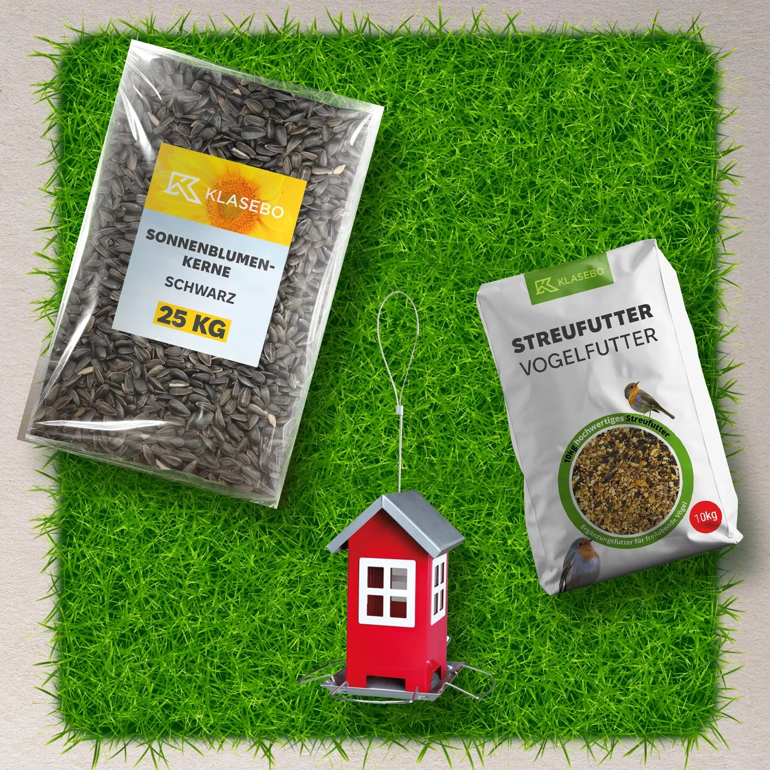 Vogelfutter Starter Set: Streufutter Wildvögel 10 kg, Sonnenblumenkerne 25 kg, Futterhaus rot 1 Stk.