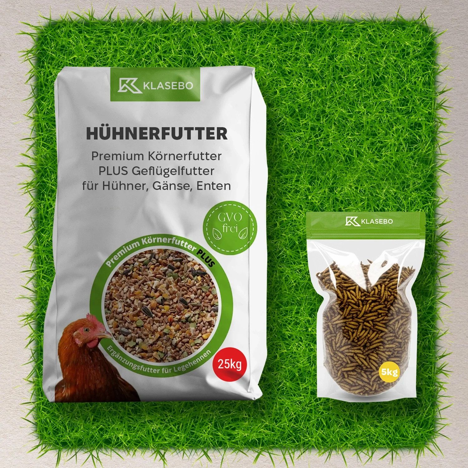 Set Hühnerfutter mit Insekten 30kg - Premium Geflügelfutter 25kg, Getrocknete Schwarzkopfmaden 5kg