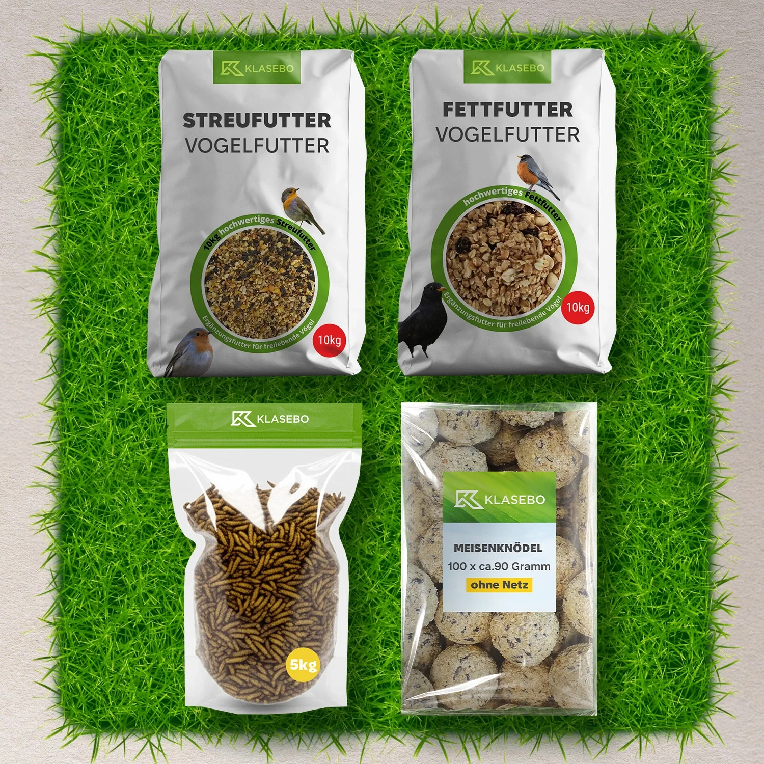 Premium Wildvogel Futter-Set  - Streufutter 10kg, getrocknete Soldatenfliegenlarven 5kg, Fettkugeln 100 Stk. à 90g, Hochenergie Suet-Mix 10kg