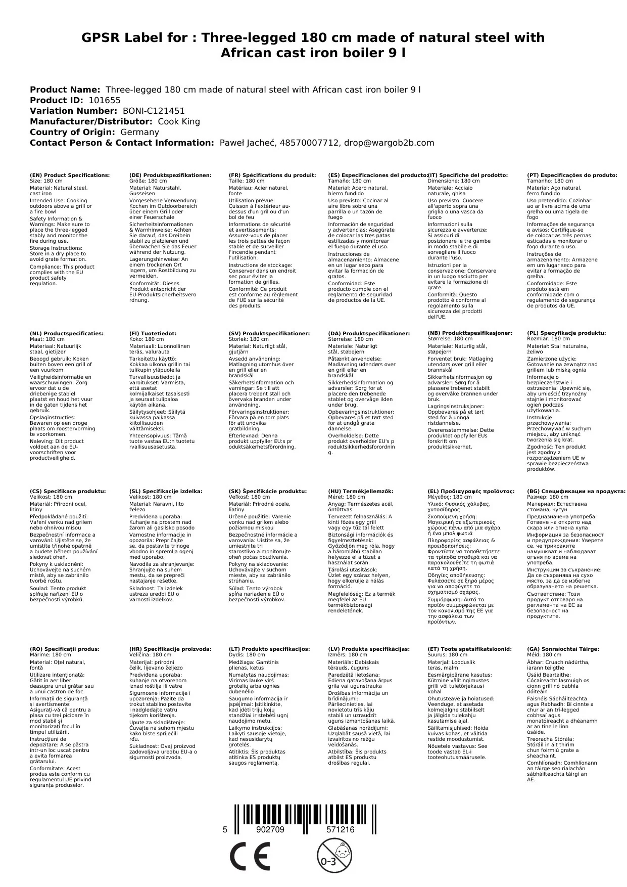 "Gusseisenkessel, Dreibein Grill, Feuerkessel, 9L, Dreibein 180cm image"