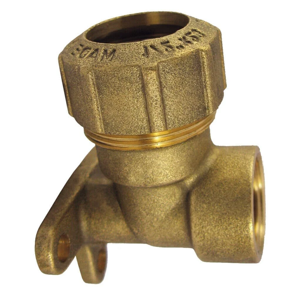 "PE Rohr Verschraubung, Messing, Wandhalterung 90°, 20mm x 1/2" IG image"