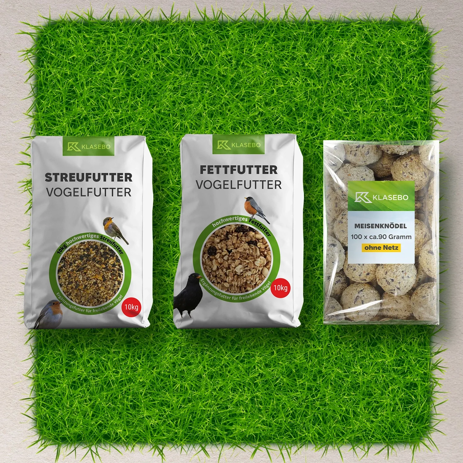 "Vogelfutter Ganzjahres Set: Streufutter 10kg, Fettfutter 10kg, Insektenfettbällchen 100 Stk. ohne Netz image"